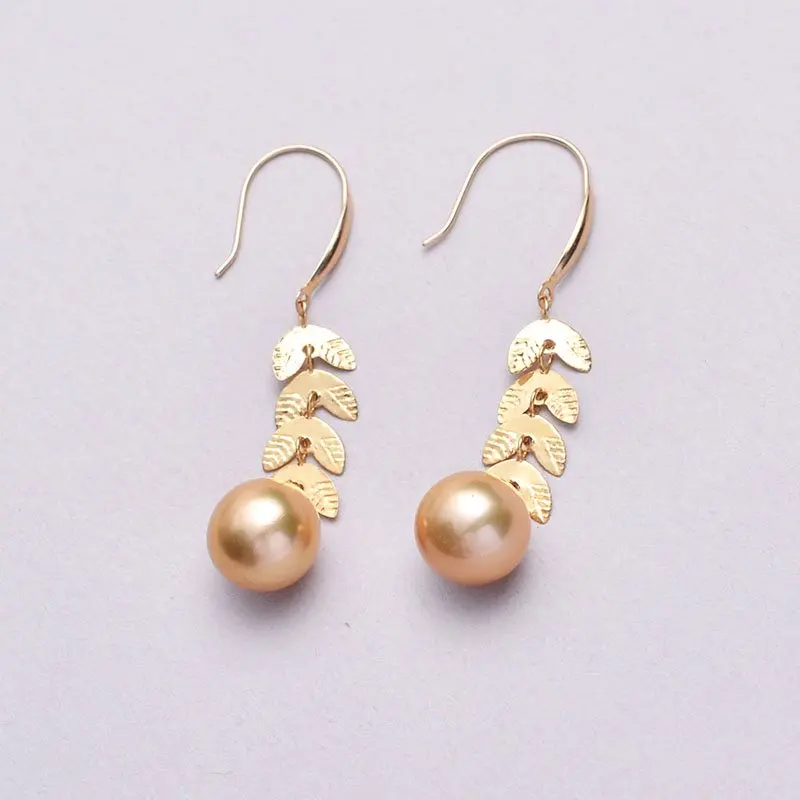 

Luxury 18K yellow gold earrings Fine Jewelry drop round natrual gold seawater pearls au750 Original Design for women e703