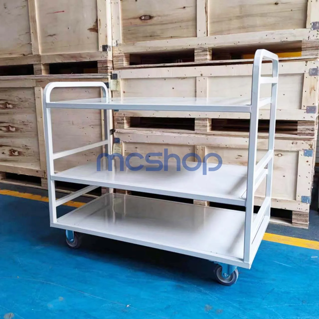 Picture 3: 3 Layer Heavy D-uty Steel Four-Wheel Platform Hand Push Cart Warehouse Trolley with Hand-Powered Function OEM Customizable