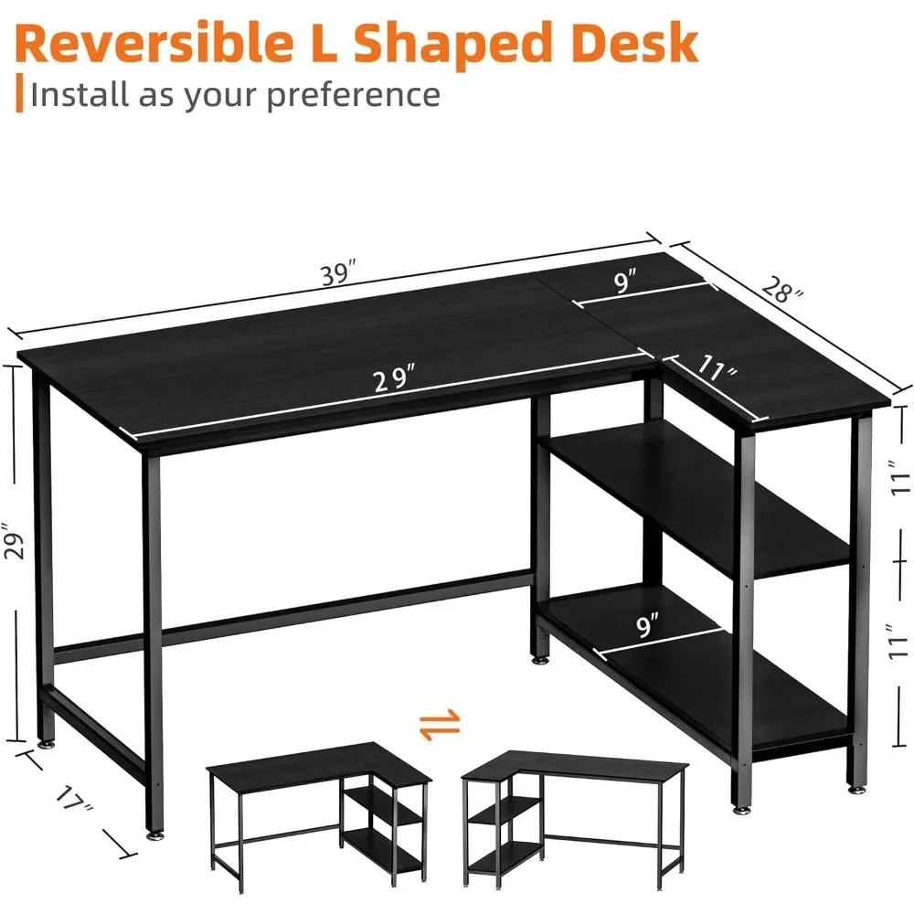 Bureau en forme de L-Bureau d'ordinateur de 39 pouces avec étagère, table d'angle de bureau de jeu pour le travail, l'écriture et l'étude, peu encombrant