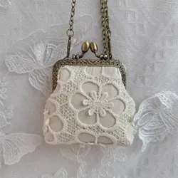 Lost in Vintage Metal Frame Coin Purse Soft Lace Appqulies Kisslock Pouch Wallet Coin Bag Small Cluth with White Parls Chains