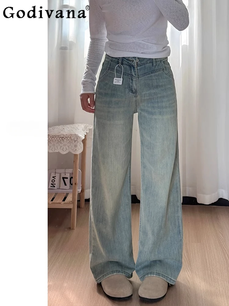 

Large Size L-4XL Light Color Blue Wide-leg Fashion High-waisted Jeans Spring New Loose Drape Straight Versatile Long Pants