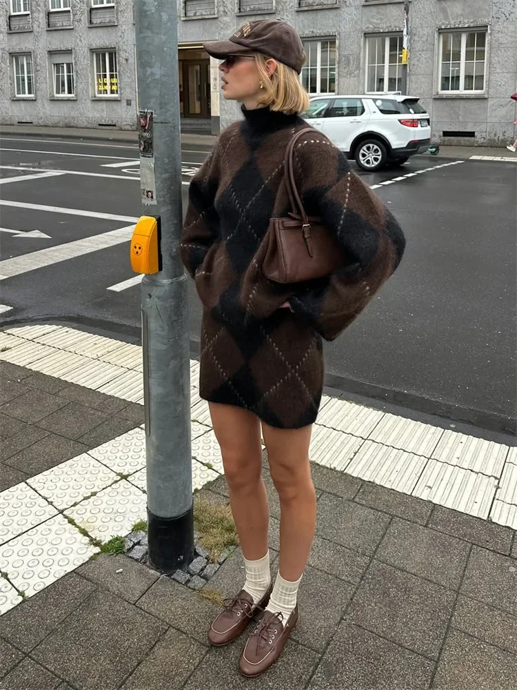 

Autumn Casual Knit 2 Piece-Set Skirt For Women Printed Long Sleeve Patchwork Turtleneck Top And Contrast Knitwear Outfits