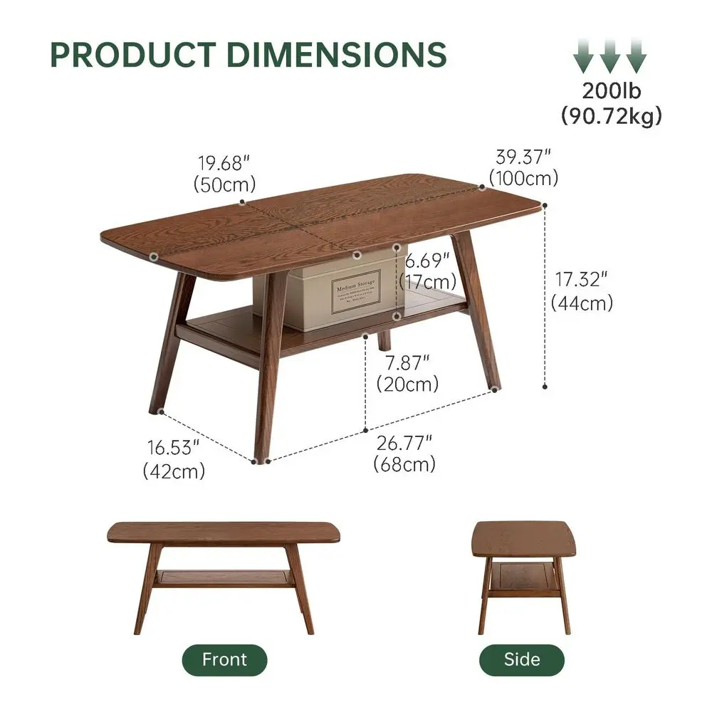 Solid Wood Coffee Table for Living Room, 39.37 Mid Century Modern Tables with Shelf Storage, 2Tier Coffee Table with Rounded Co