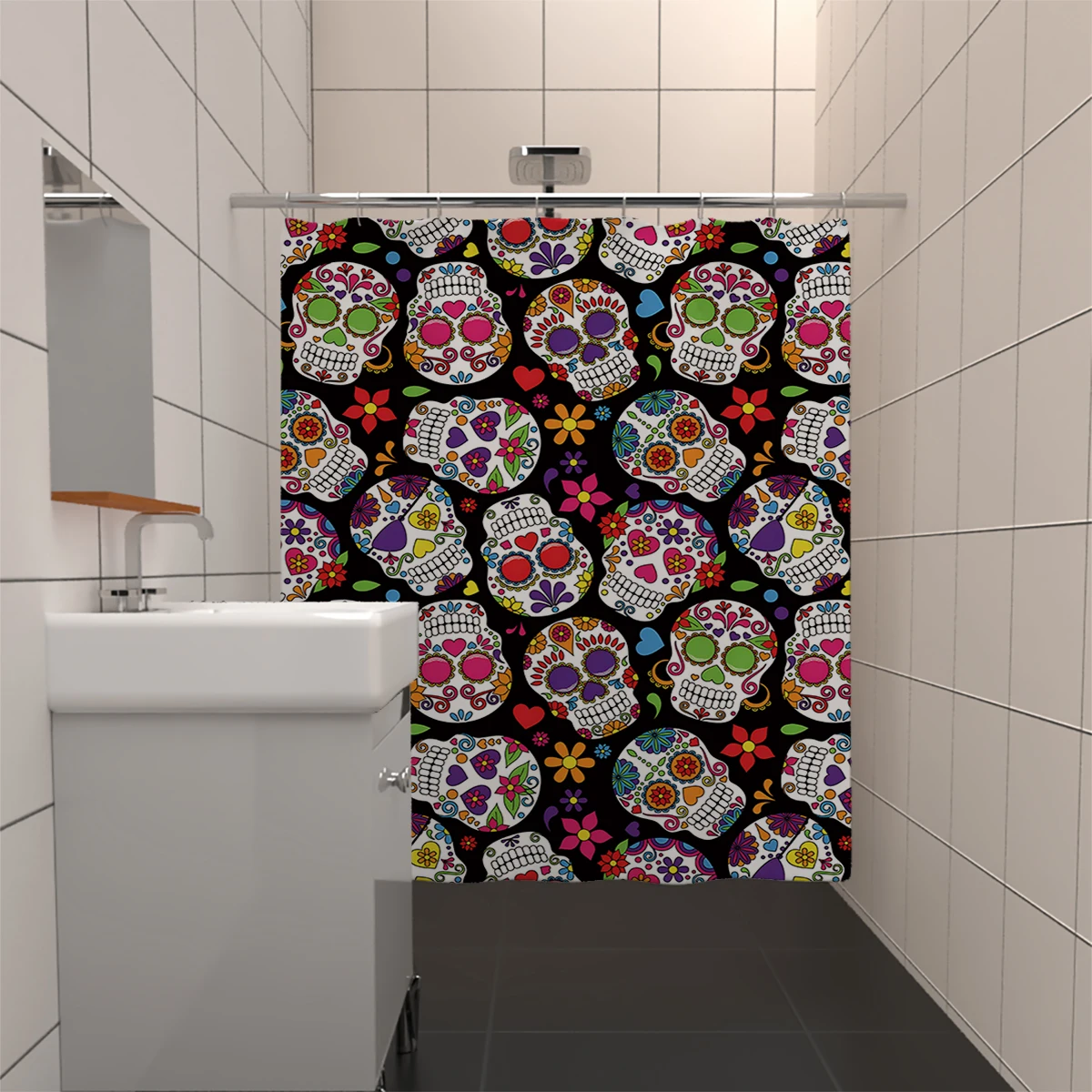 1PC 180x180cm Cartoon Flower Heart Skull Children\'s Polyester Shower Curtain Waterproof Cloth Decoration Bathroom Curtain