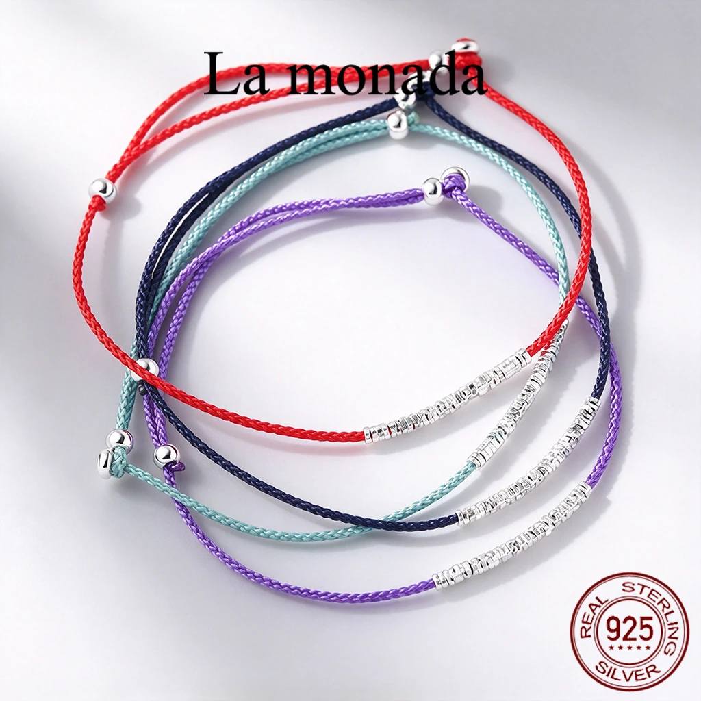 S925 Sterling Silver Crushed Bead String Bracelet for Women, Hand Braided Thin Rope Adjustable Wristband, Minimalist Stackable