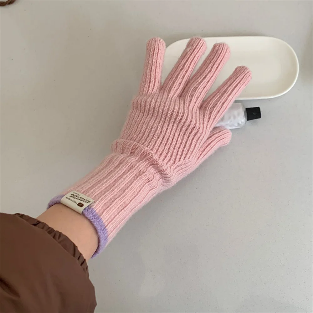 Guantes de punto de color caramelo que pueden tocar la pantalla, lindos guantes de lana para estudiantes con dedos de rocío a prueba de frío para montar en invierno, 27x9CM