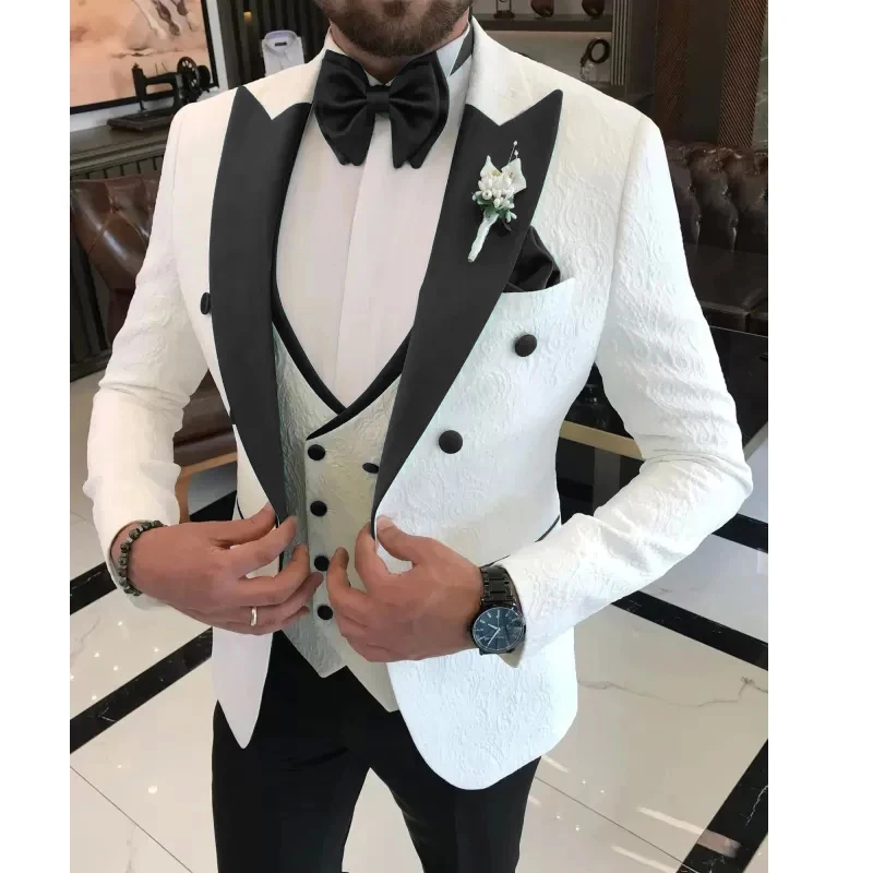 Men Wedding Suits 2024 Formal White Jacquard Men Suit Set Slim Fit Groom Tuxedos Groomsman Blazer Suits For Men 3 Piece