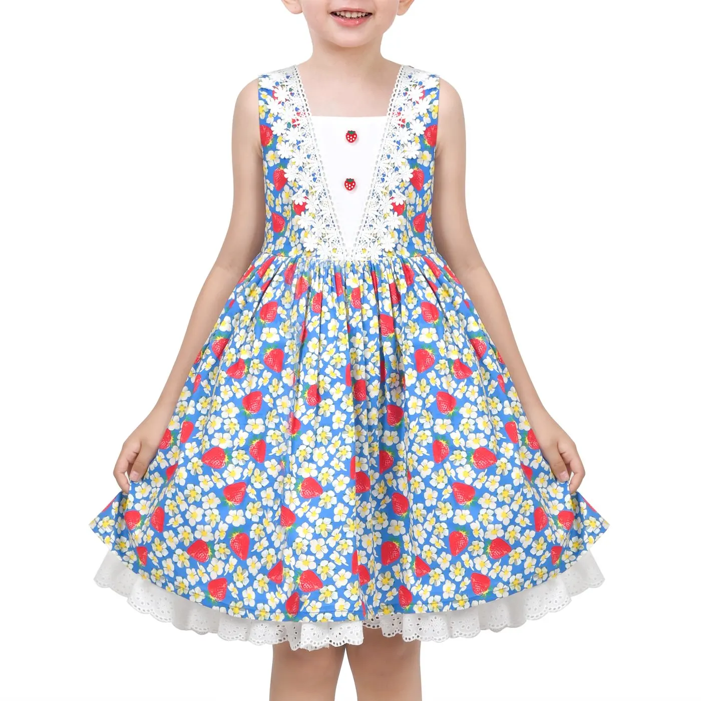 Girls Dress Floral Strawberry Print Lovely School Lace Sundress Summer