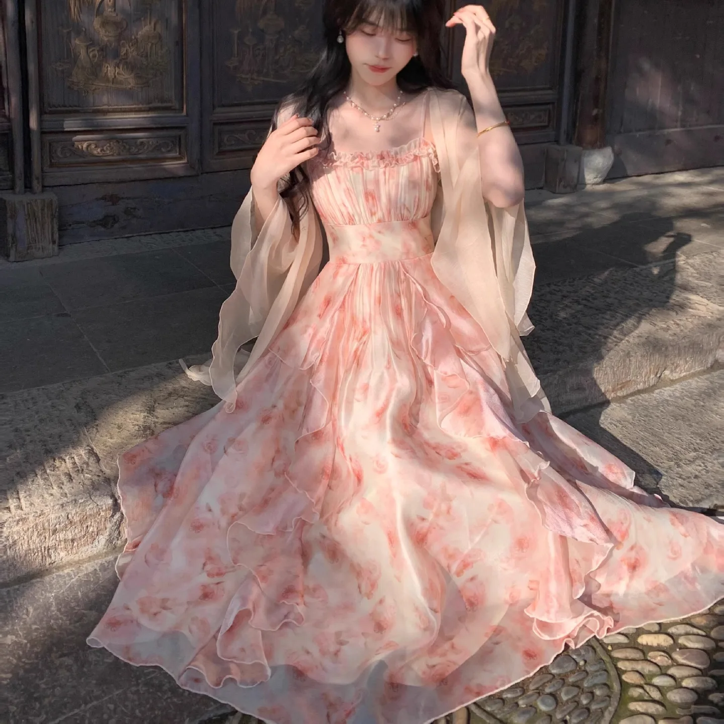 

Летний комплект для отпуска: женское платье на бретельках + кардиган, комплект из двух предметов, с принтом «Эден» в стиле масляной живописи, с оборками «лотосовый лист»