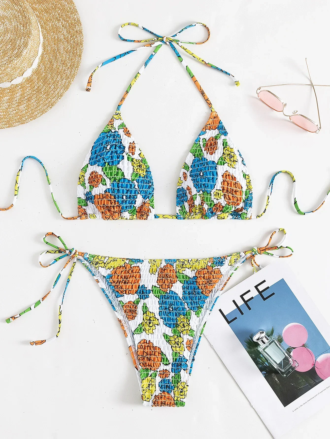 

Floral Print Bikini Women 2024 Sexy Triangle Bag Halter Bandage Swimwear 2 Piece Swimsuit Low Waist Backless Thong Bathing Suit