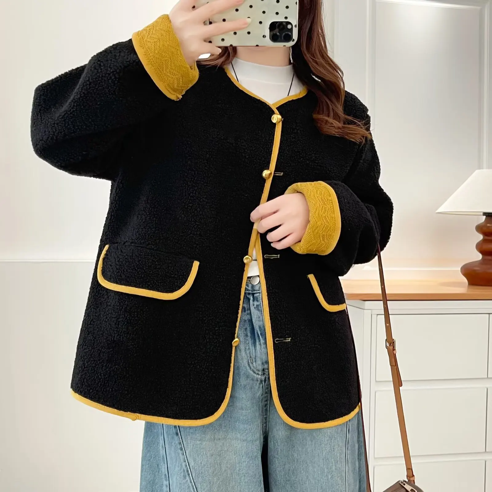 

XXXXL Fashion Plus Size Woman Clothing Fleece Jacket Winter New Loose Color Blocked Warm Cardigan Coats 1063