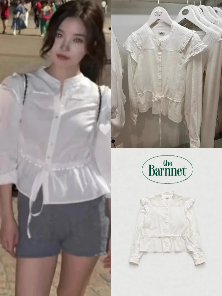 

Spring 2025 Women's Long Sleeve Shirt Waist Cinched Sweet Style Cotton V-neck Button-up Pure Color Slim Fit Fashion Top