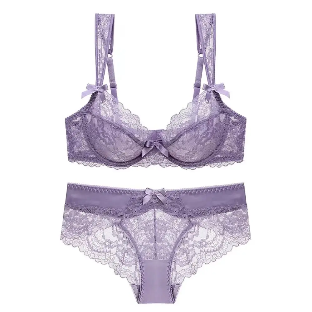 2-Piece Versatile Lace Lingerie Set Bowknot Ballet Style Women Underwear Sheer Wireless Bra