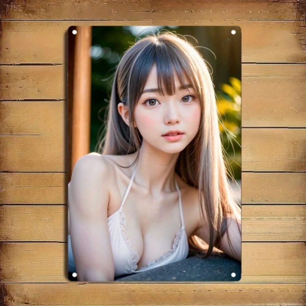 （2D Tin painting）HD Metal Tin Sign Sweet Asian Lady with Long Hair in Light Pink Lace Camisole Posing Vintage Wall Art Decor