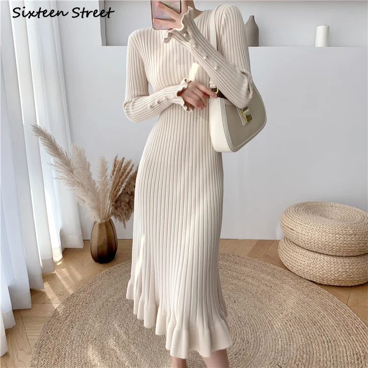 

Apricot Long Knitted Dress Woman New Autumn Button Ruffles Sleeve Sweater Bodycon Dress Female Korean Elegant Dresses OL