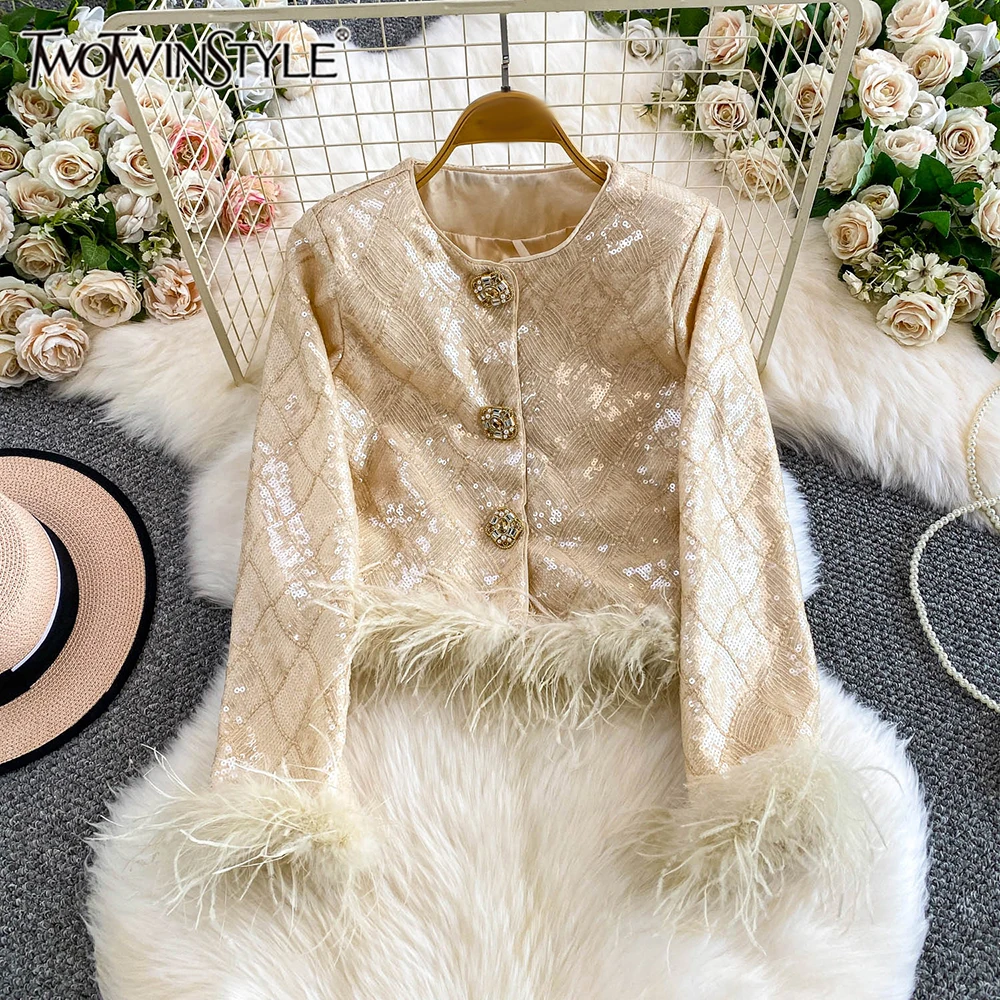 

TWOTWINSTYLE Elegant Spliced Sequin Short Jackets For Women Round Neck Long Sleeve Temperament Jacket Female Fashion KJA550143