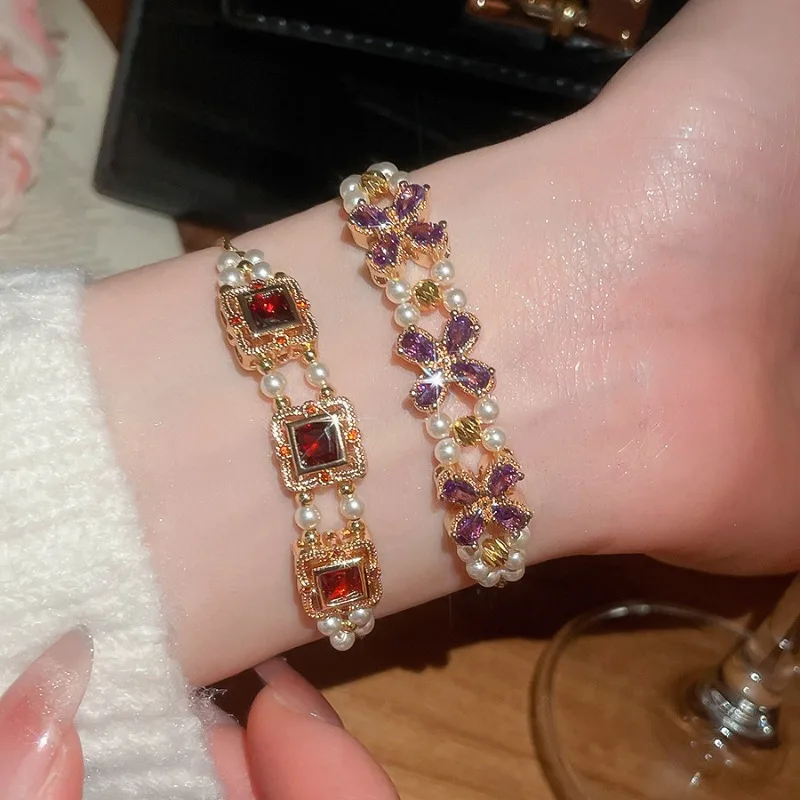 

Minar New Luxury Full CZ Cubic Zirconia Imitation Pearl Square Flower Charm Bracelets for Women Real Gold Plated Copper Chain