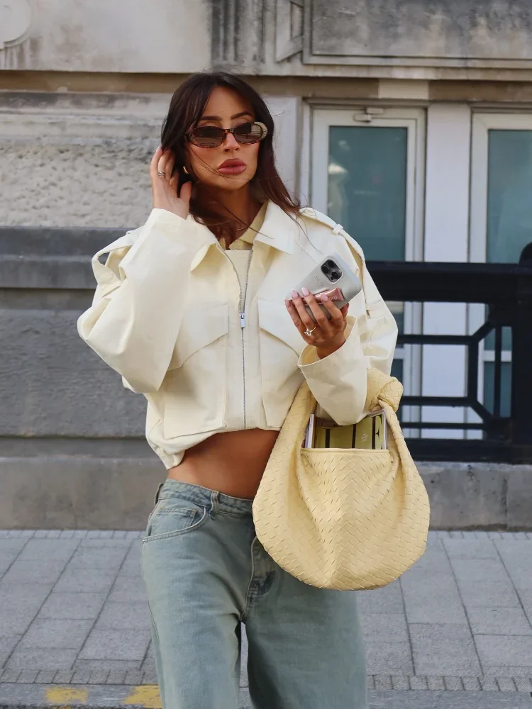 

Female Casual Solid Workwear Short Jacket Fashion Chic Collar Zipper Pocket Loose Coats Lady Autumn Daily Highstreet Outerwear