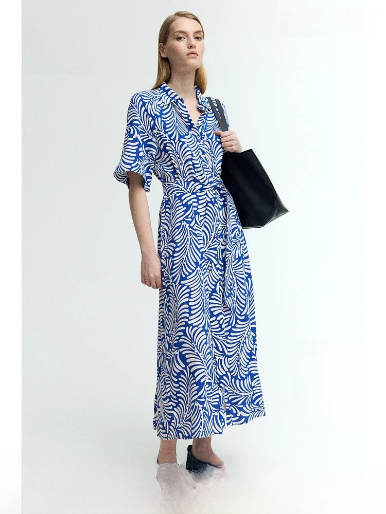 

Faionable Casual Striped irt Dr Waist Belted H&M Spring Women's Clothing V-ne Mid-length Gown for Ages 25-35