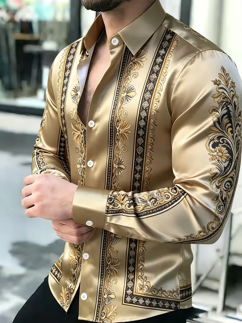New Fluid Contrast Shirt Light Purple Milk White Satin Irregular Large Color Block Printed Men's Long Sleeve Shirt