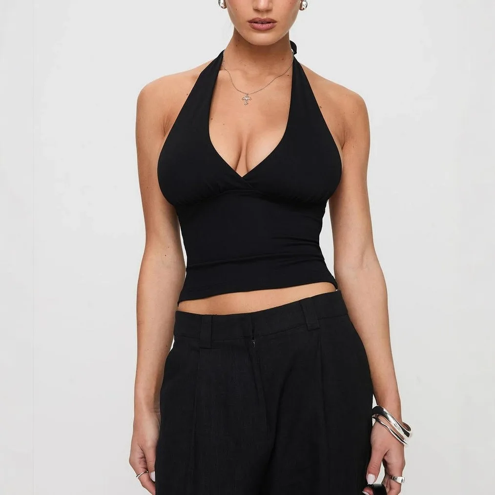 Women's Y2K Summer Halter Neck Backless Deep V Neck Cropped Camisole Slim Fit Short Length Solid Color Non-Removable Strap