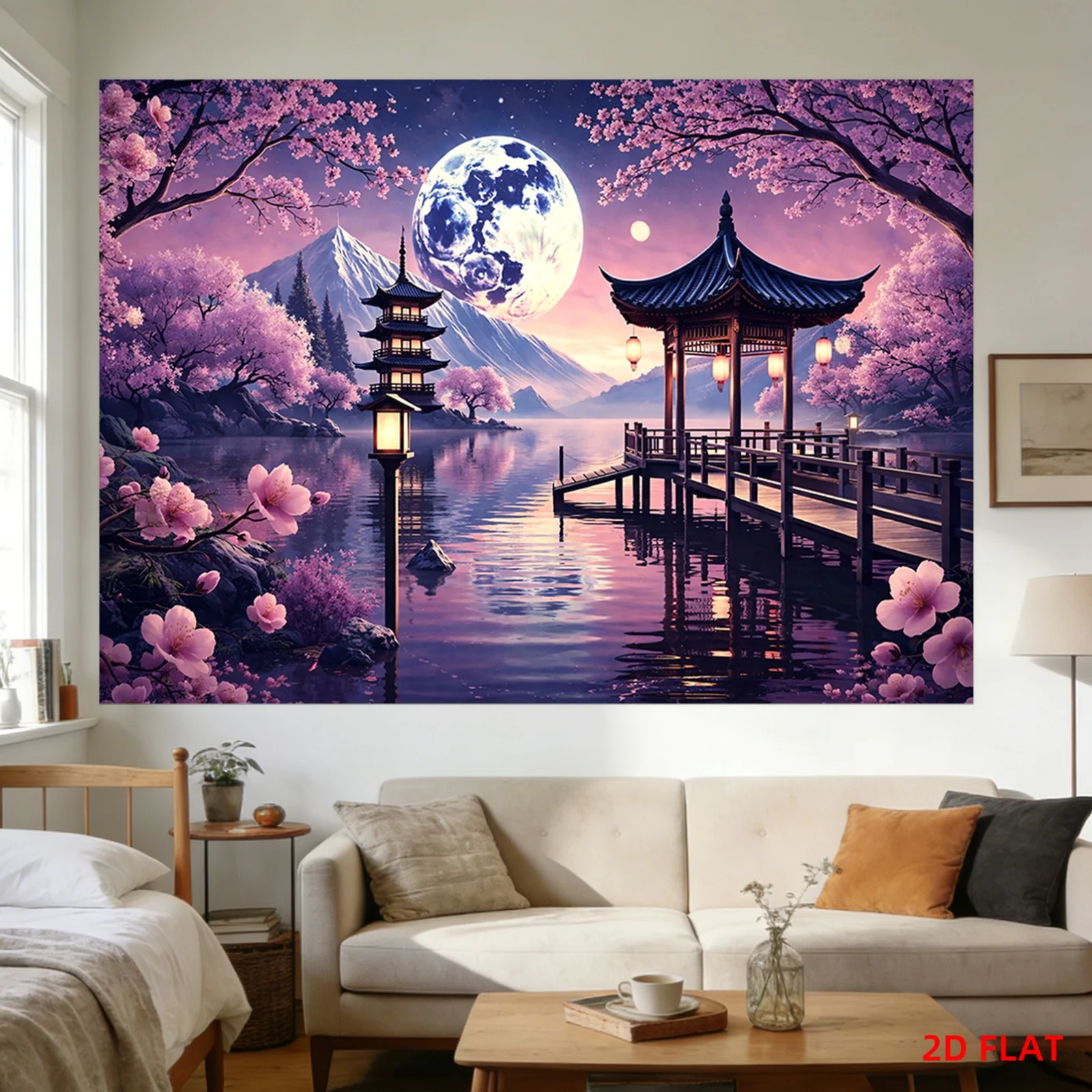 Large Mural Wall Tapestry Anime Style Pink Cherry Blossom Moon Landscape Bedroom Decor Wallpaper