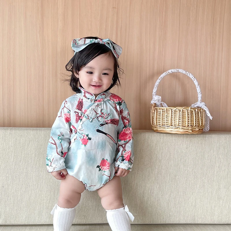 Qipao for Kids Cheongsam Chinese Traditional Pattern 0-2 Years Old Cute Baby Girl Chinese New Year Clothes Kids Blue Bodysuit