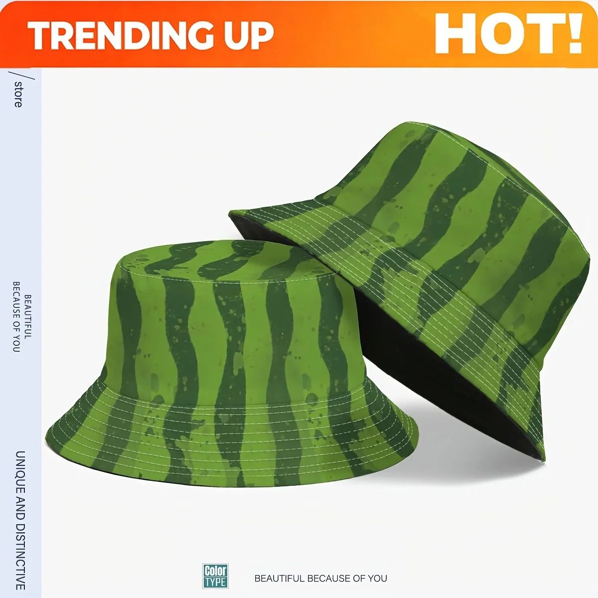 Customization Green-toned Watermelon Stripe Print Bucket Hat, Playful And Simple, Youthful And Lightweight Unisex Outdoor Bucket