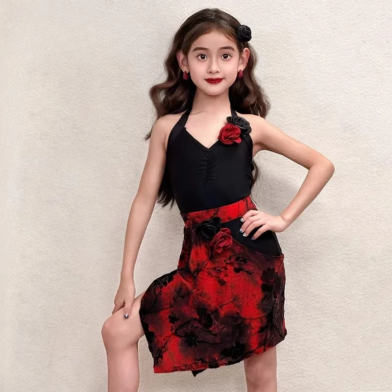 

Kids Girls Halter Bodysuit Dancewear Summer Sleeveless Performance Training Latin Tango Dance Costume