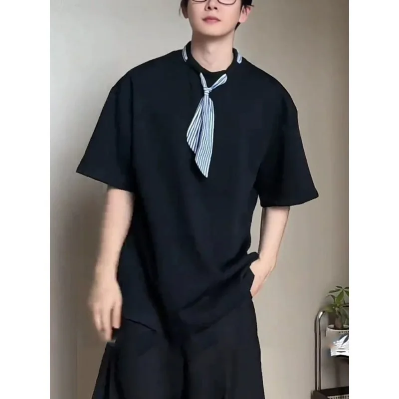 

Мужская футболка оверсайз с коротким рукавом, в полоску, с декором в виде галстука-бабочки, свободного кроя, повседневная, однотонная