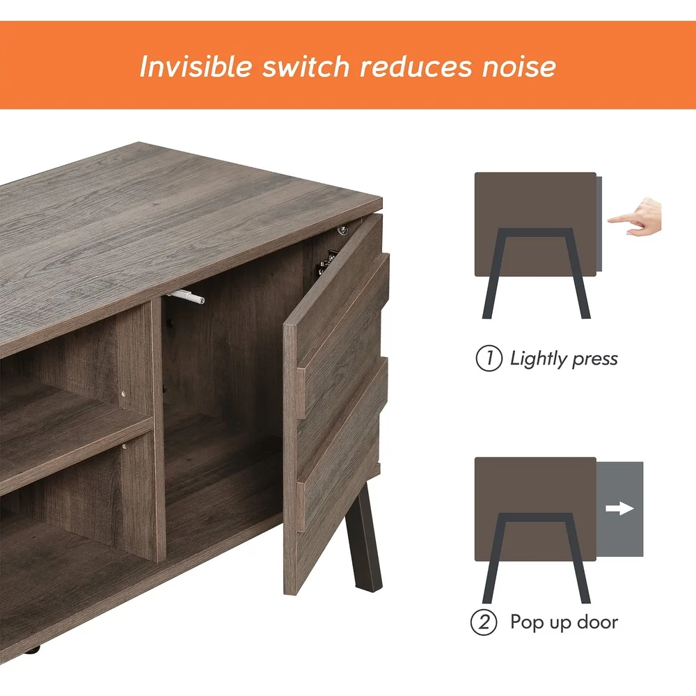 ミッドセンチュリー木製テレビスタンドコンソール55インチメディアストレージキャビネットリビングルームエンターテイメントセンター、プッシュオープンドアと