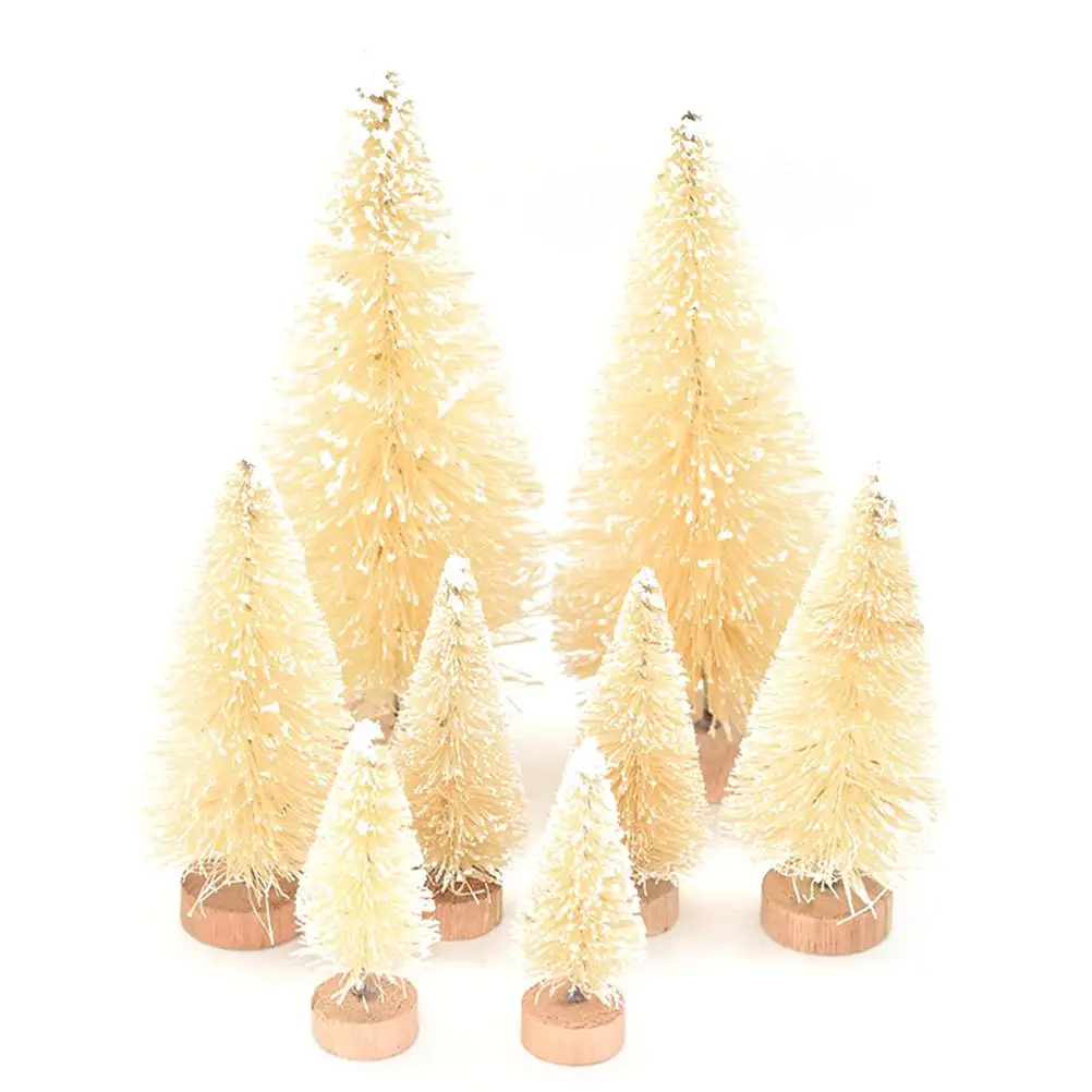 8PCS Mini Christmas Pine Tree Decorations with Wooden Base Sisal Silk Bottle Brush Trees For Xmas Party Happy New Year