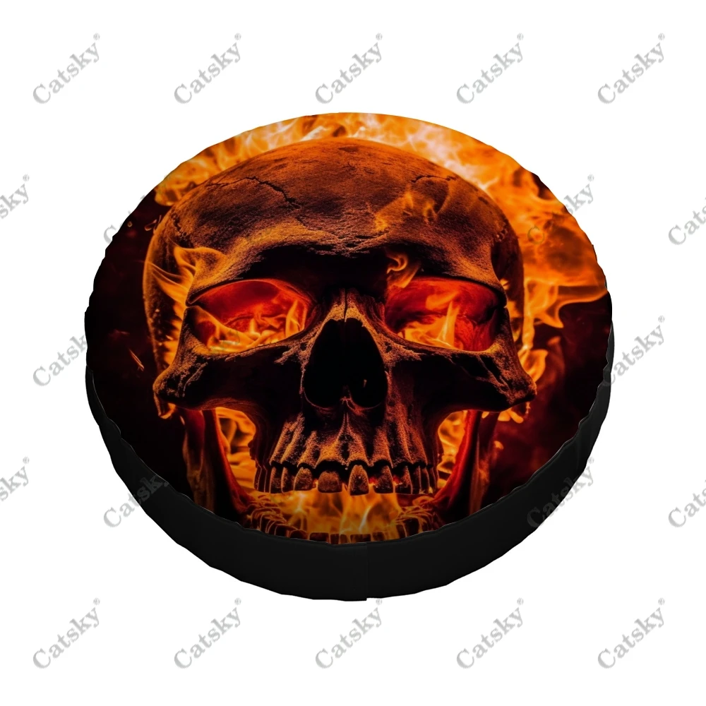 Spooky Scary Burning Skull Polyester Universal Spare Wheel Tire Cover Custom Tire-Covers for Trailer RV SUV Truck Camper