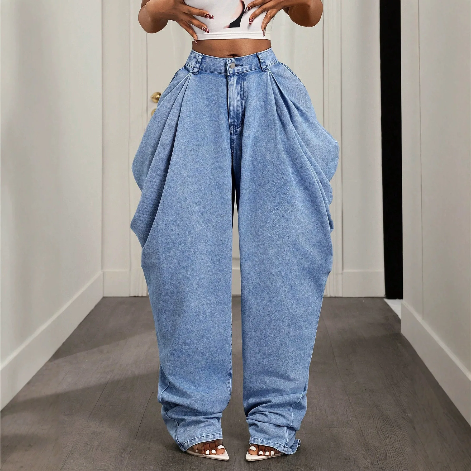 Women High Waist Pleated Wide Leg Jeans Unique Draped Side Design Baggy Loose Denim Trousers Button Zip Fly Casual Long Pants