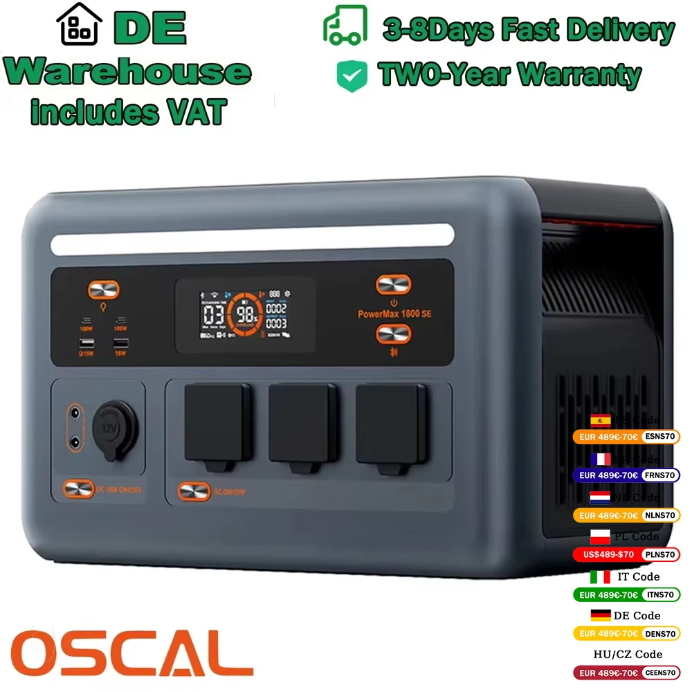 Station d'alimentation portable OSCAL PowerMax1800SE 1024Wh LiFePO4 1800W, générateur solaire pour extérieur et usage d…