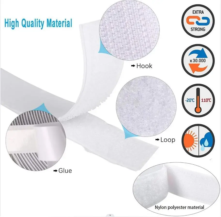 1/3/5M Strong Self-adhesive Fastener Tape Hook and Loop Magic Nylon Sticker Tape adhesive with Glue for DIY Craft 20-50MM White