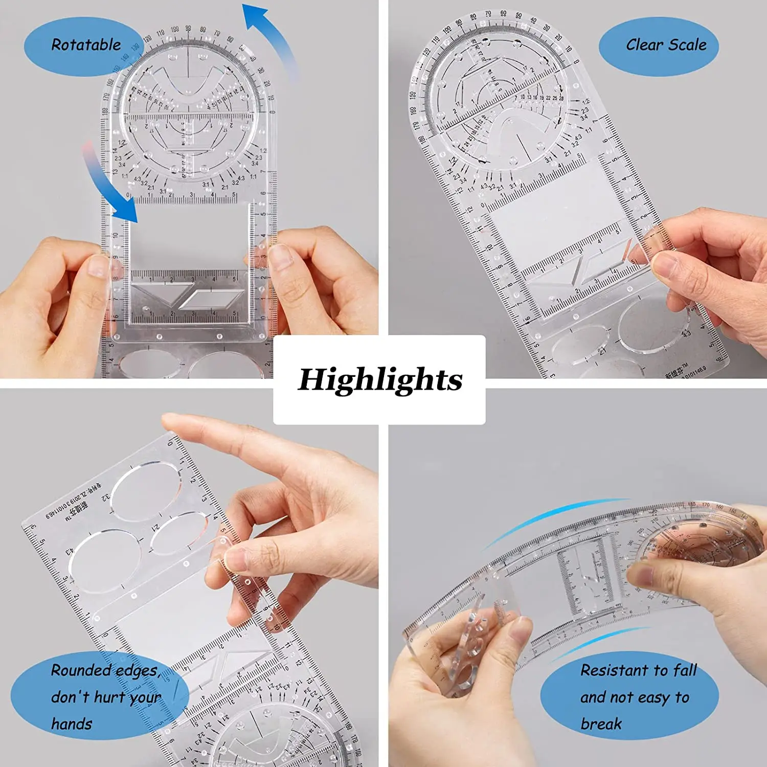 3PCS Multifunctional Geometric Ruler Geometric Drawing Ruler Mathematics Drawing Ruler Template Measuring Draft Rulers