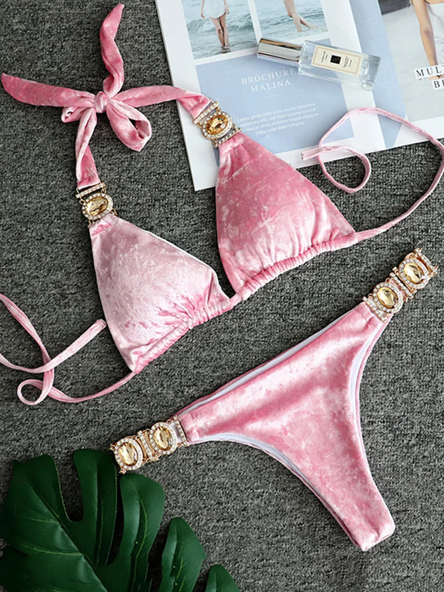 

Shiny Halter Crystal Diamond Velvet Bikini 2024 Women Swimsuit Female Swimwear Two Pieces Bikini set Thong Bathing Suit Swim