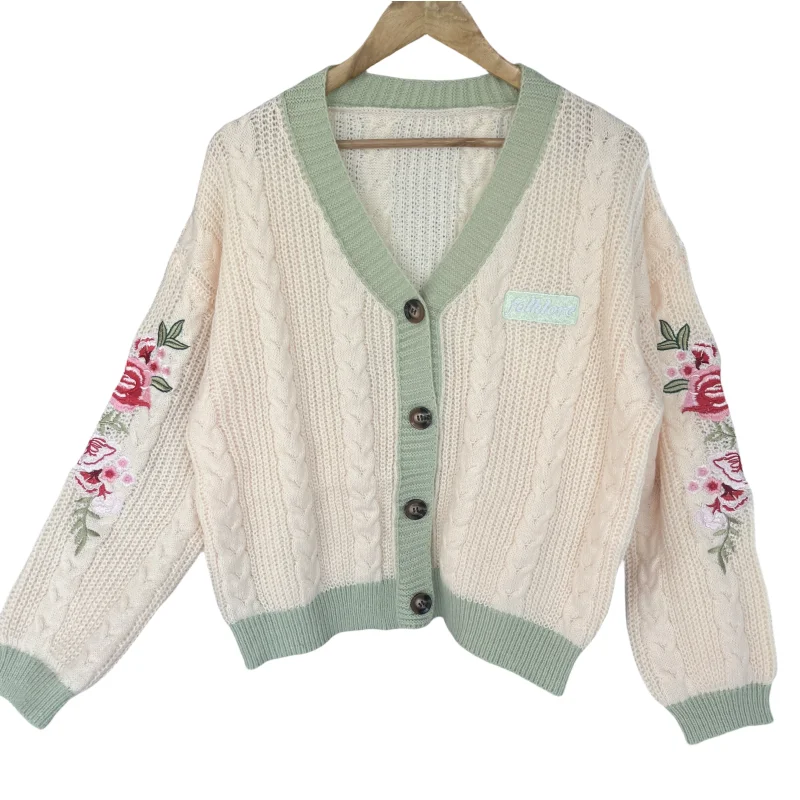 Y2k Regulai-Cardigan Beige Brodé Floral Fit pour Femme, Haute Qualité, Automne, 2024