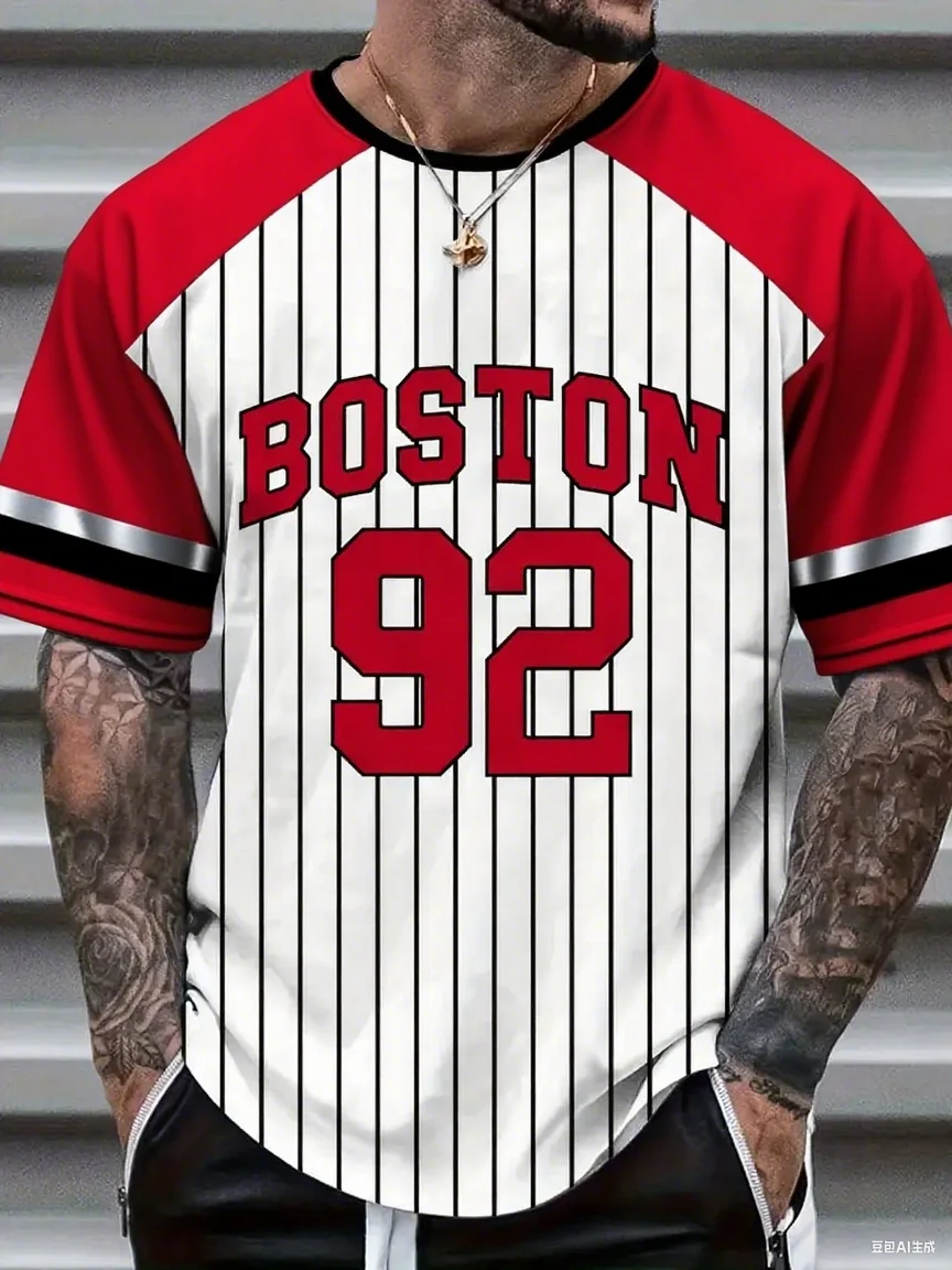 Men's Round Neck Short Sleeve Summer Patchwork BOSTON NO.92 Print Casual Tees Sports Football Jersey Y2k Women's T-shirt Tops