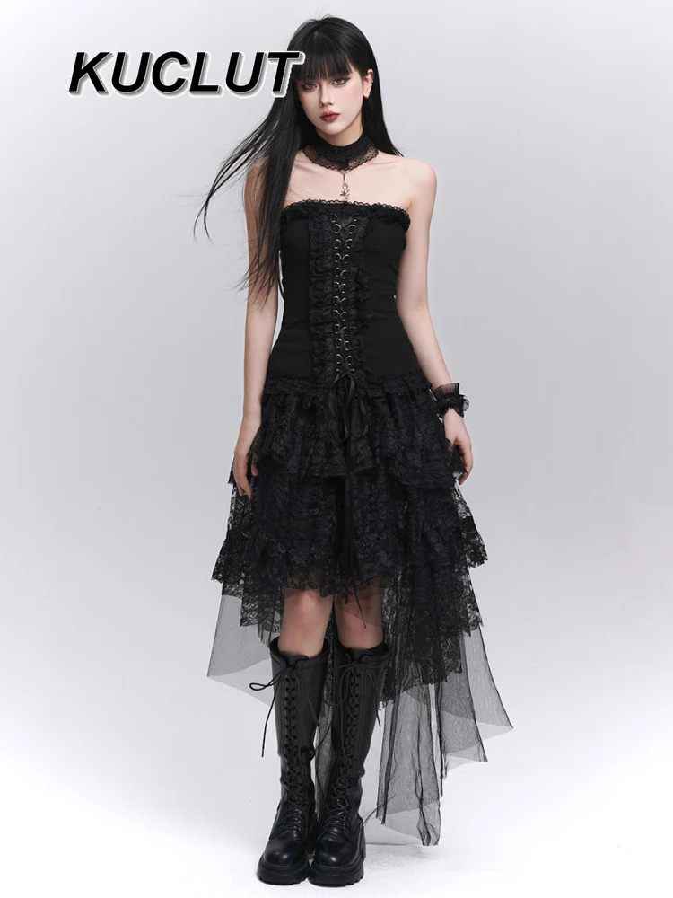 Menina renda preta fofo bolo aniversário cintura alta saia casual subcultura gótica estilo punk saias de comprimento médio para mulheres verão