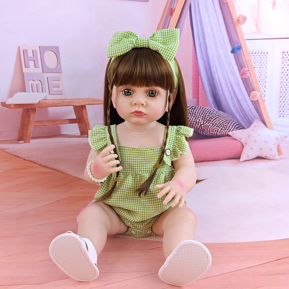 22 Inch Large Reborn Doll 55cm Cute Long Hair Simulation Dolls Full Vinyl Accompany Bath Toys New Girl's Year's Gift