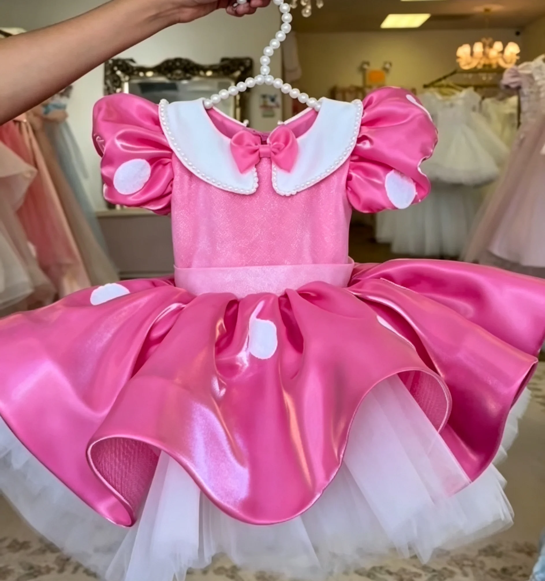 Summer Baby Girl Pink Satin Dress Puff Sleeve Pearl Collar With Mouse Ear Bow Headband for 1st Birthday Party Photography B643