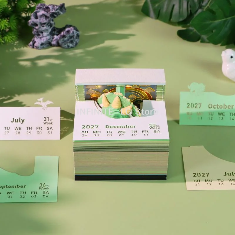 Time Piece Calendar 2027 Desk Calendar With LED Light 3D Tear-away Calendar Paper Carving Art Memo Pad Notepad Desktop Decor