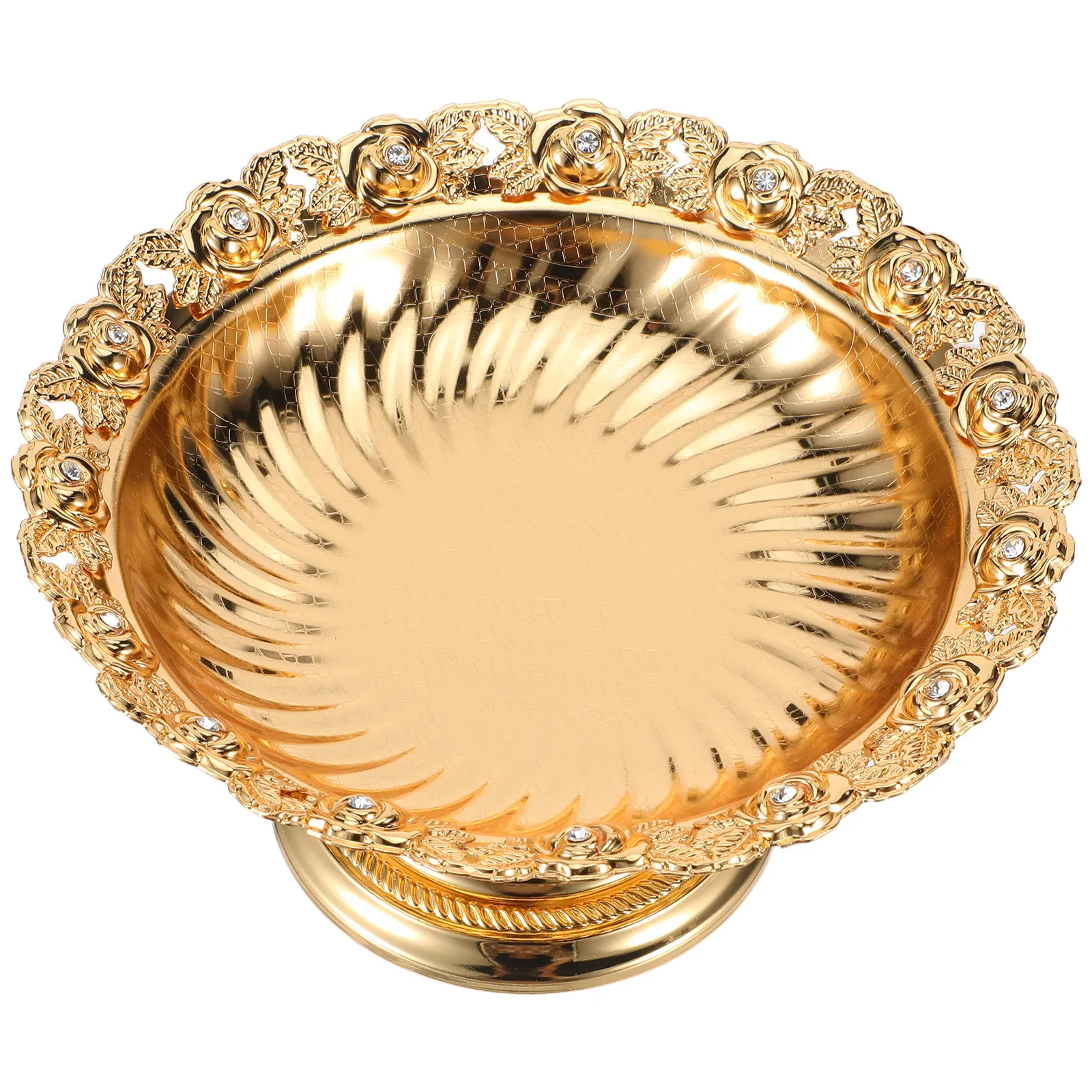 Luxury Metal Fruit Tray with Floral Edges Rhinestone Accents Footed Pedestal Bowl for Kitchen Counter Dessert Platter Jewelry