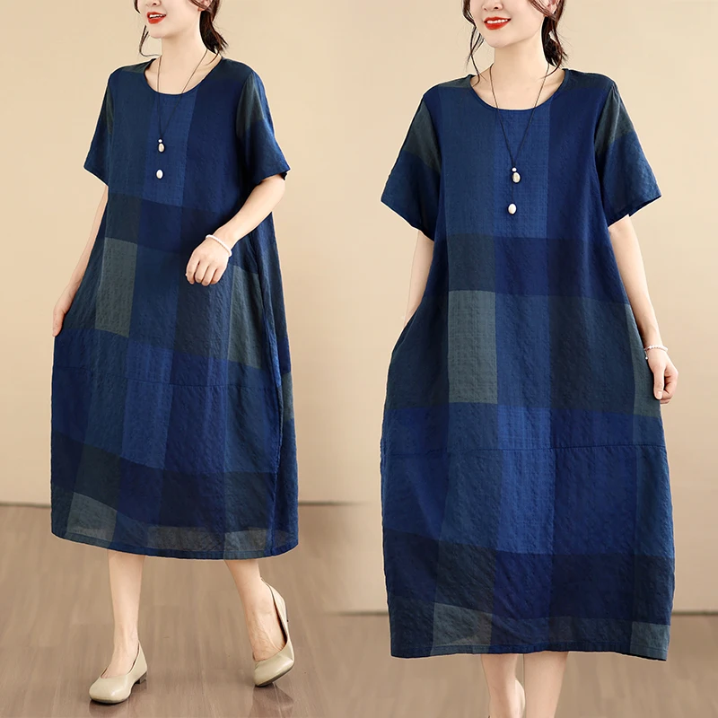 

Summer New Arrival Thin Cotton Lin Large Size Blue Plaid Print Women Loose round Neck Short Sleeve Thin Dress Casual A-Line S...