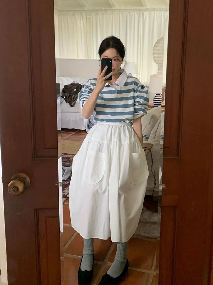 

Корейский стиль: комплект из свитера с высокой талией и плиссированной юбки, полосатая юбка-кейк, комплект из юбки и свитера с длинными рукавами в уличном стиле для женщин.