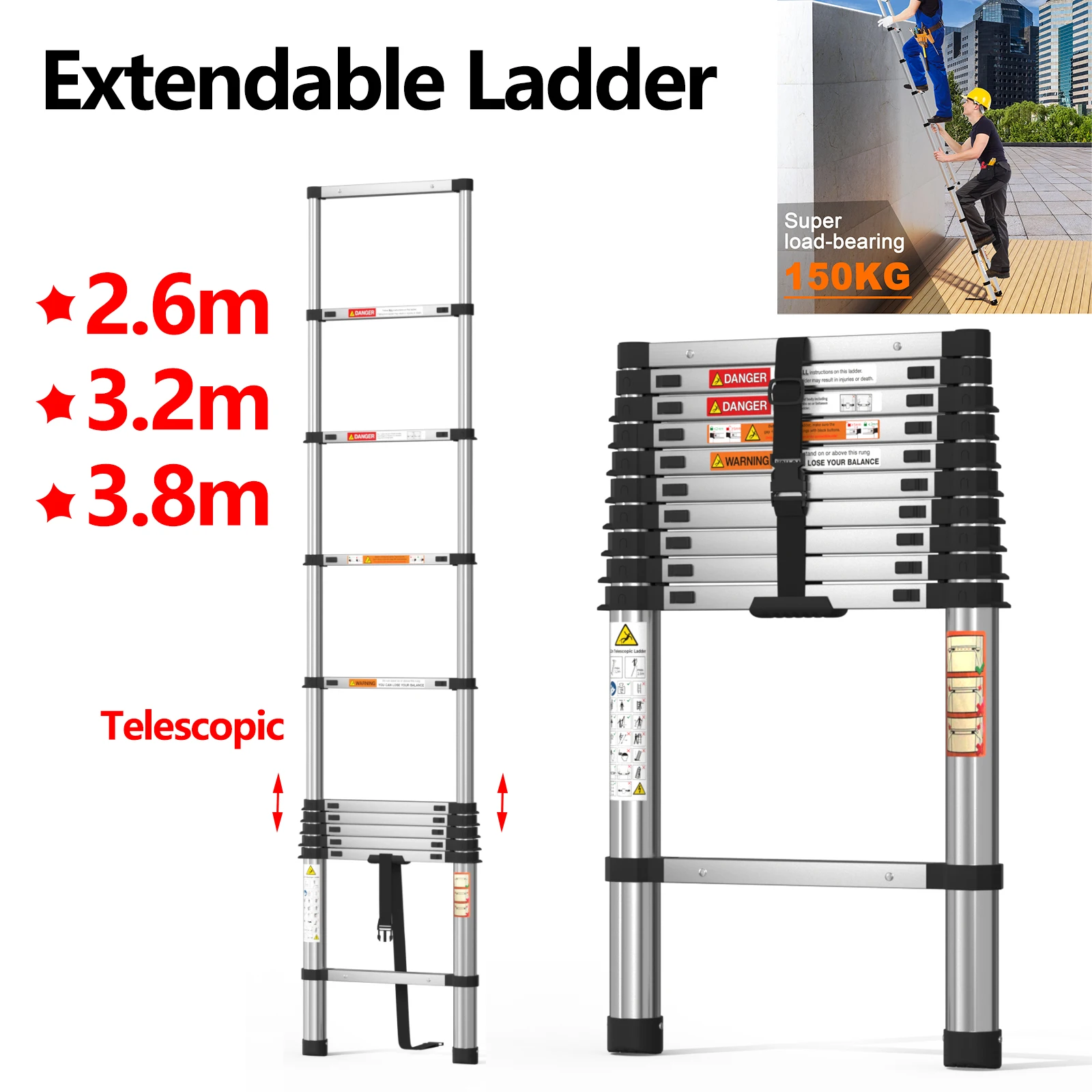Escalera telescópica de acero inoxidable 3,8 m 3,2 m 2,6 m escalera de extensión escaleras compactas ligeras para herramientas domésticas al aire libre 330 lb