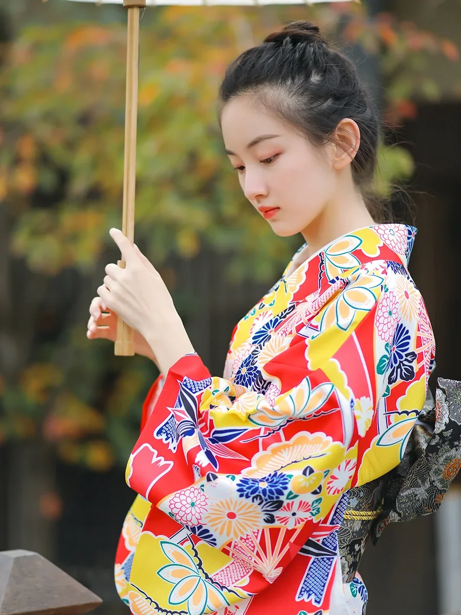 Japanese Traditional Women Kimono Red Modified Formal Yukata Easy-to-Wear Wrinkle-Resistant Photography Dress Cosplay Costume