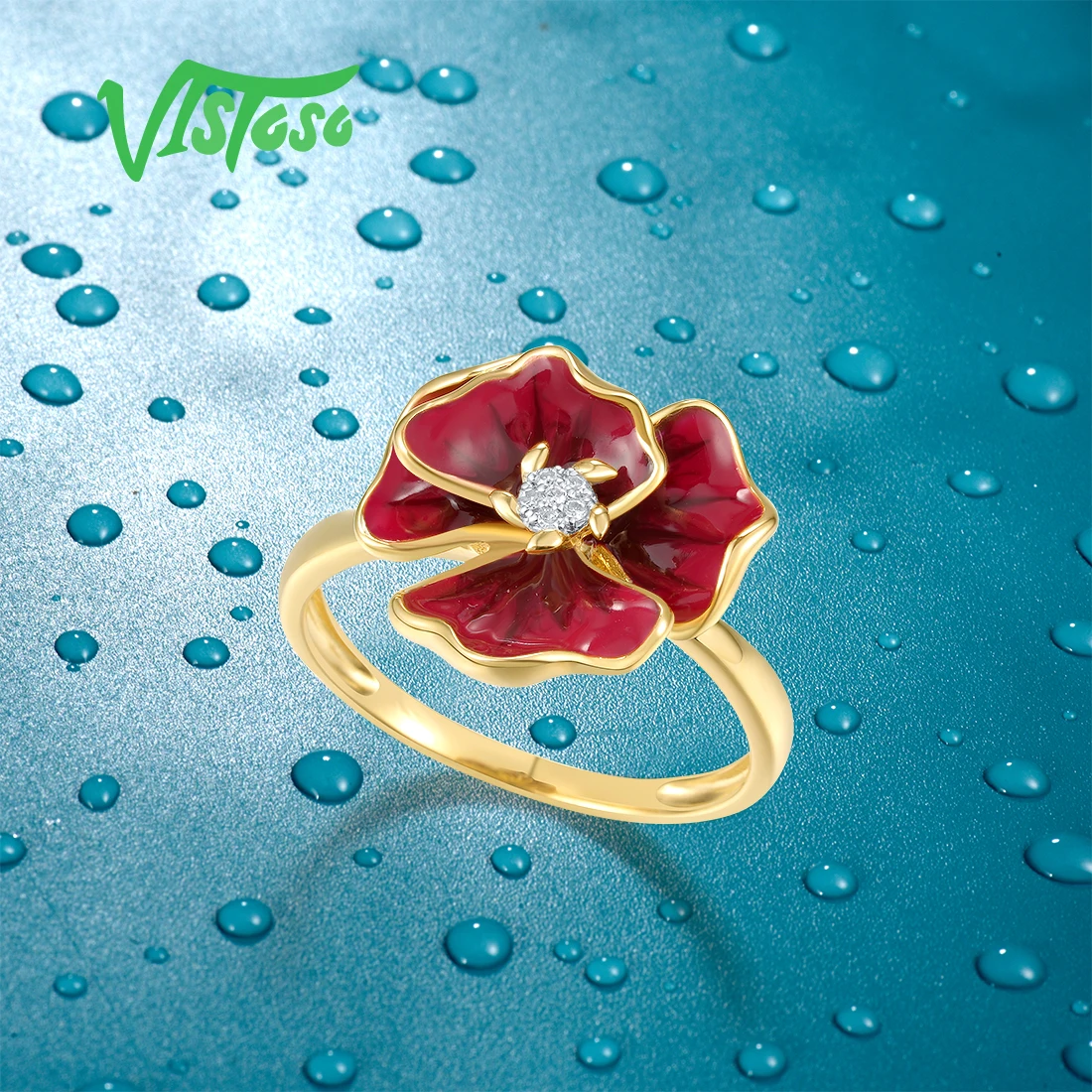 VISTOSO Real 14K 585 Yellow Gold Rings For Women Sparkling Diamond Red Enamel Flower Chic Wedding Anniversary Fine Jewelry